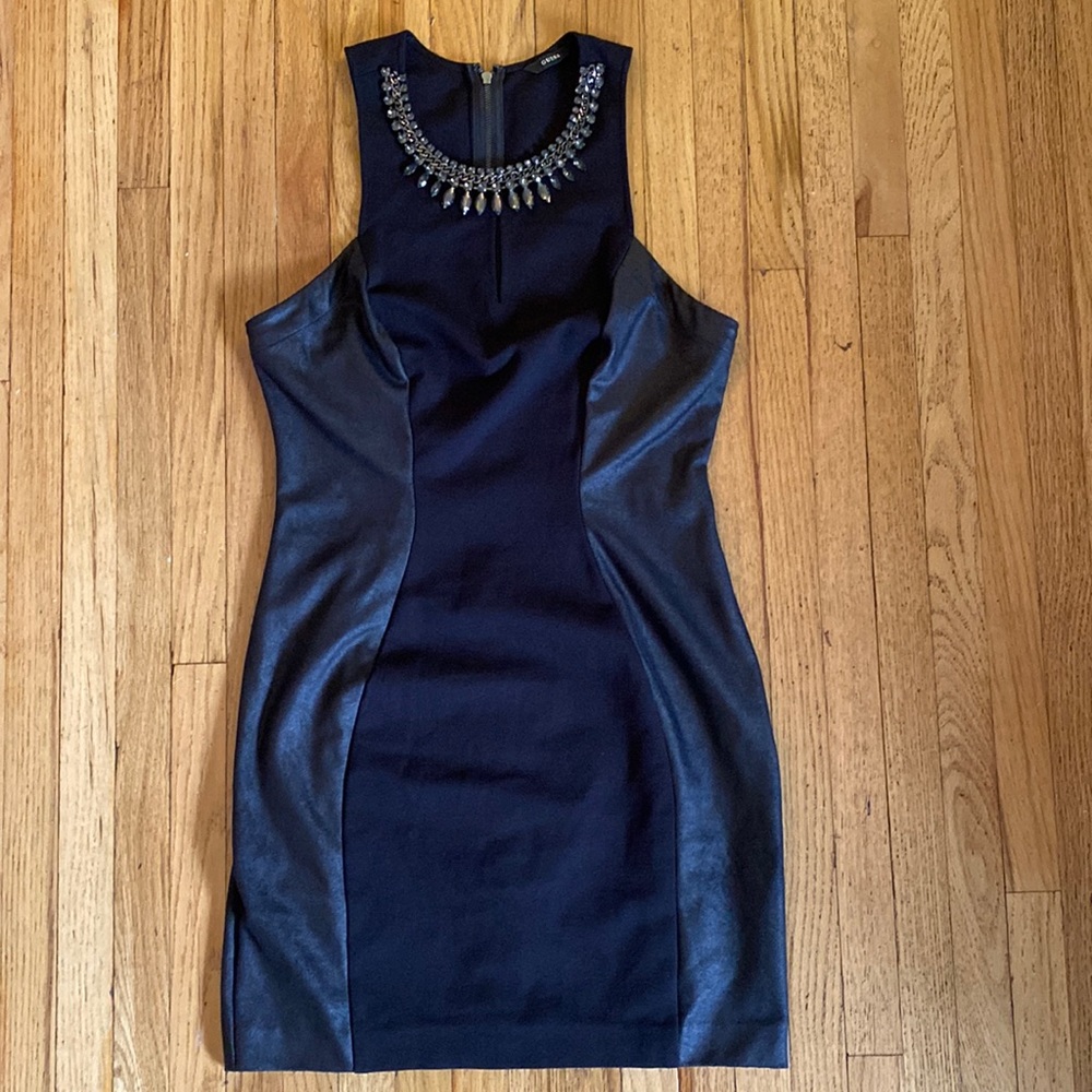 Guess Navy Blue and Black Embellished Neck Sheath Dress